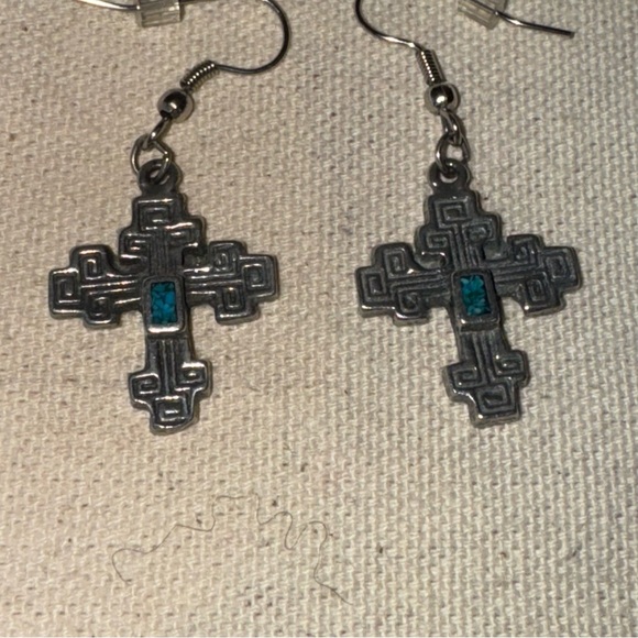 Burnished & Hammered .925 Silver & Turquoise Inlay Accent Cross Dangle Earrings - Picture 1 of 13